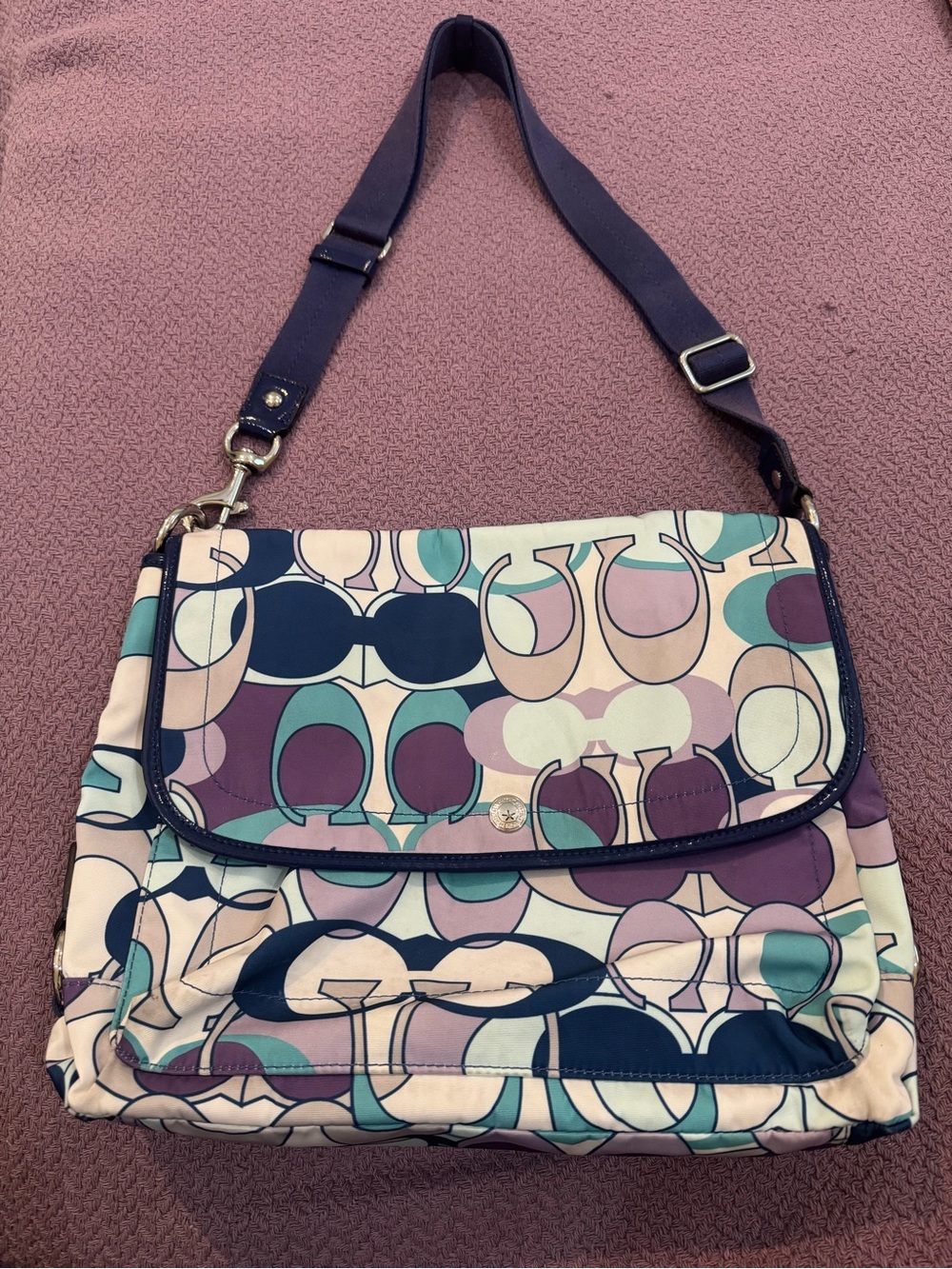 Coach Patterned Crossbody Shoulder Bag in Navy, Teal & Purple